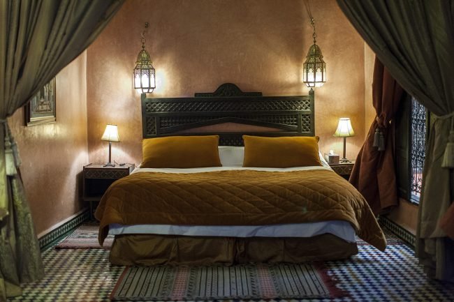 Elegant riad bedroom in Fez, Morocco