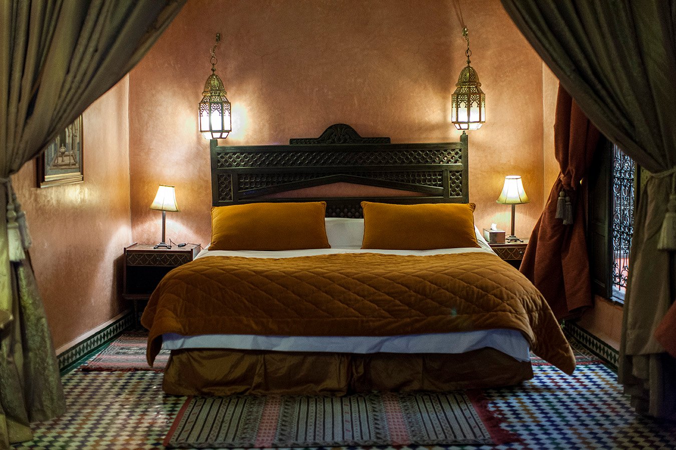 Elegant riad bedroom in Fez, Morocco